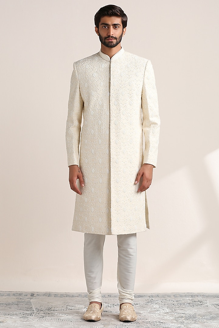 Off-White Georgette Chikankari Embroidered Wedding Sherwani Set by Twamev at Pernia's Pop Up Shop