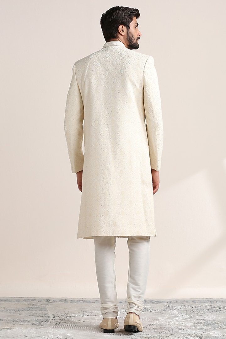 Off-White Georgette Chikankari Embroidered Wedding Sherwani Set by Twamev at Pernia's Pop Up Shop