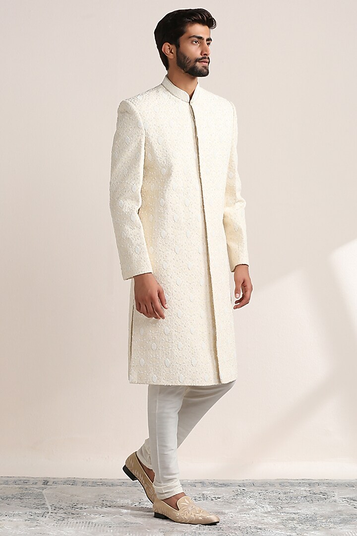Off-White Georgette Chikankari Embroidered Wedding Sherwani Set by Twamev at Pernia's Pop Up Shop