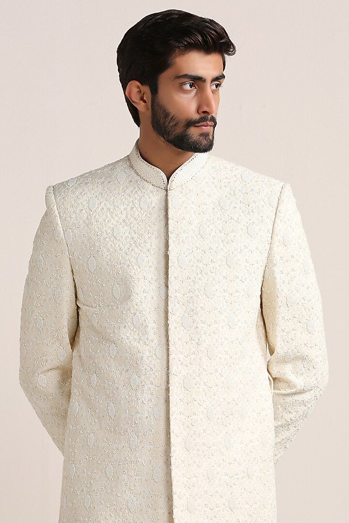 Off-White Georgette Chikankari Embroidered Wedding Sherwani Set by Twamev at Pernia's Pop Up Shop
