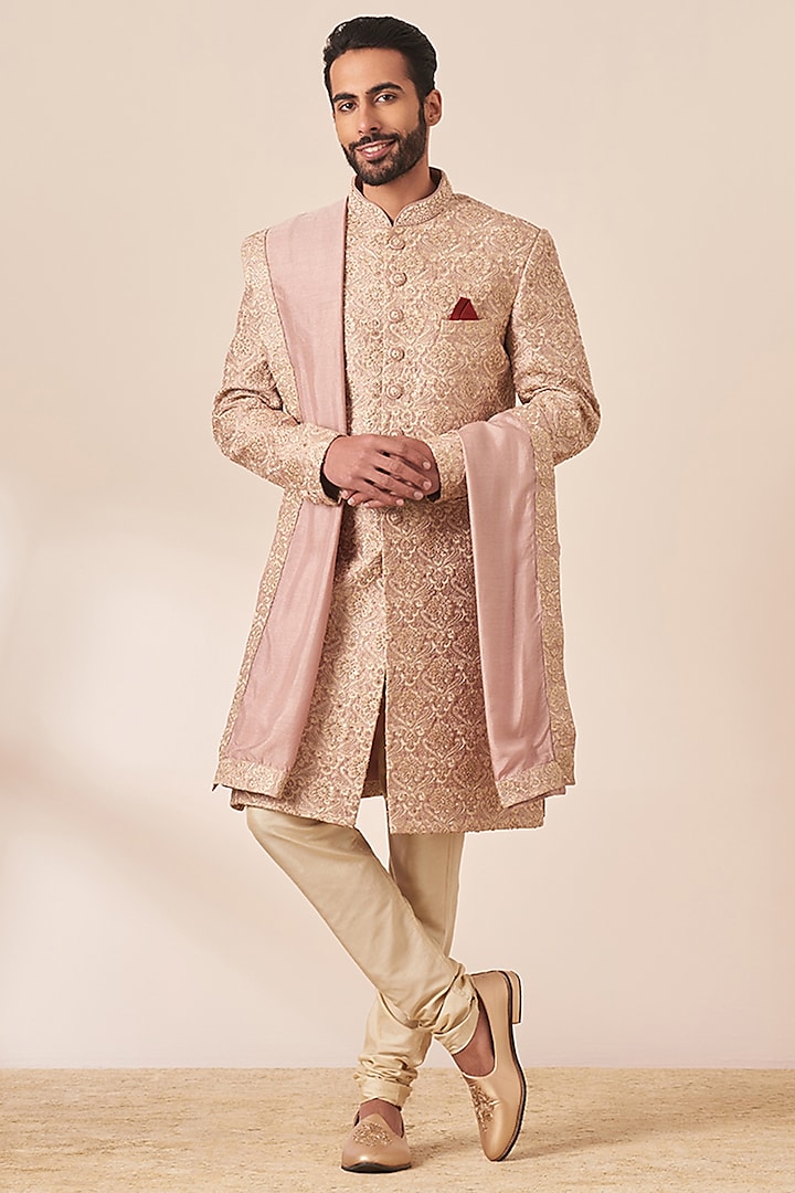 Lilac Art Silk Embroidered Sherwani Set by Twamev