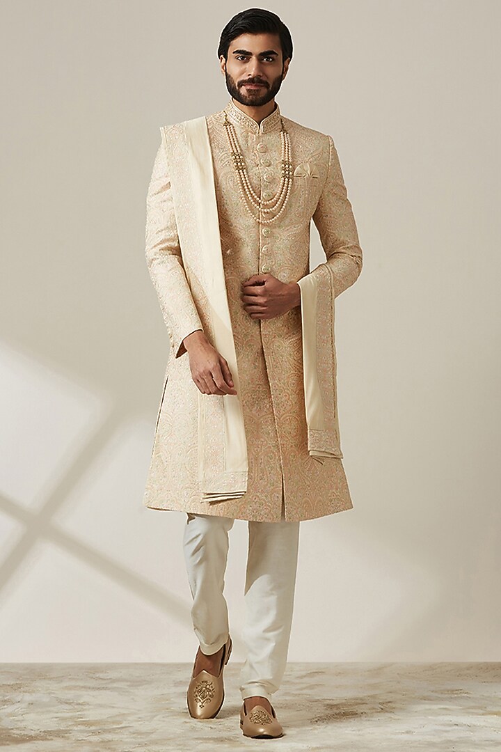 Dark beige High Collar Silk Sherwani Set