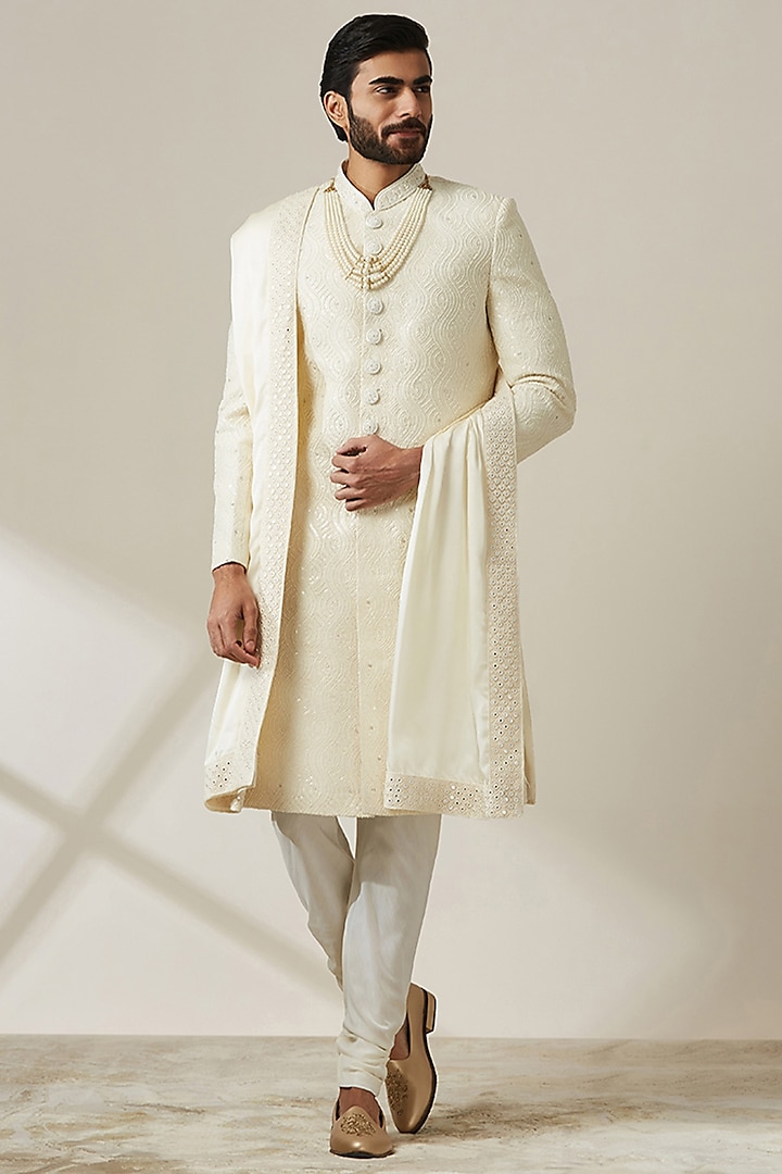 Off-White Blended Cotton Chikankari Embroidered Sherwani Set by Twamev