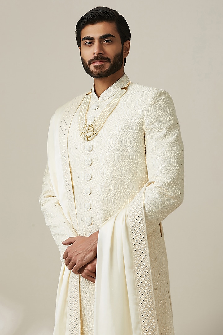 Buy Twamev Off-White Blended Cotton Chikankari Embroidered Sherwani Set ...