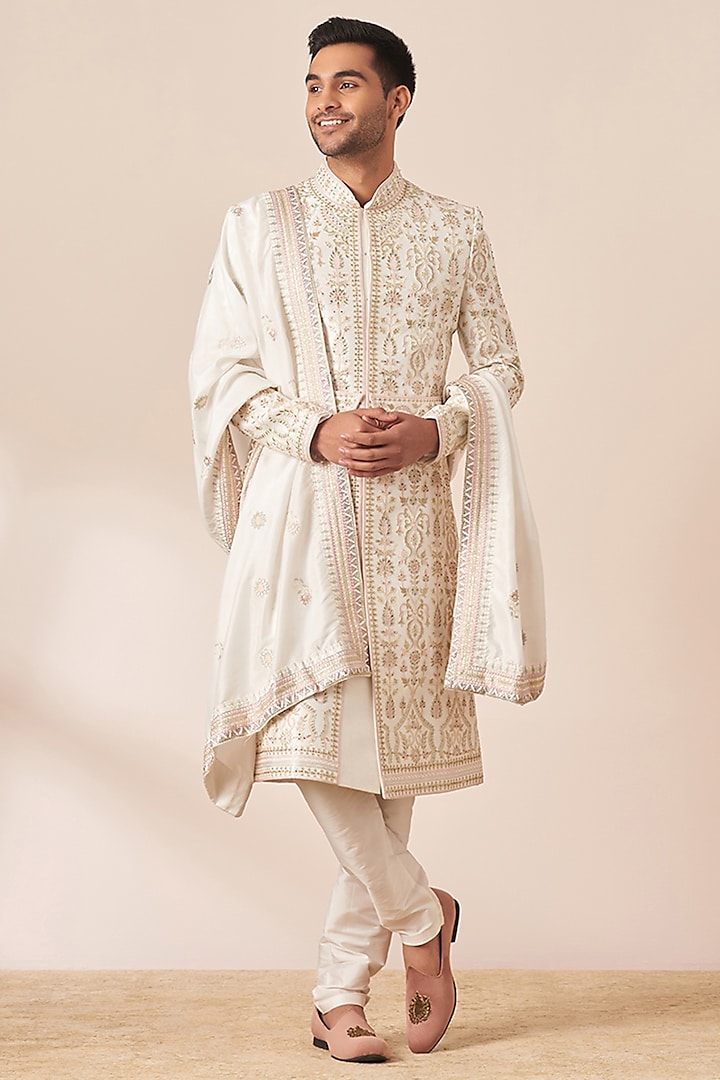 Off-White Art Silk Embroidered Sherwani Set by Twamev