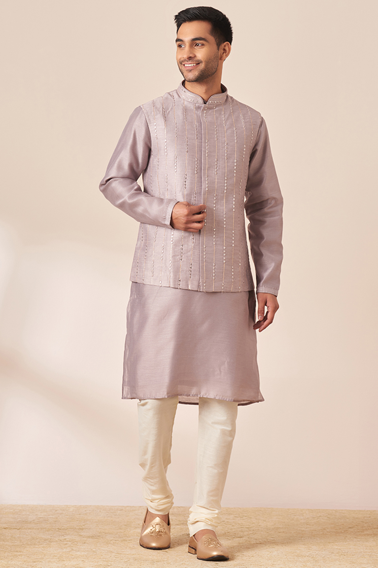 Purple Art Silk Embroidered Bundi Jacket Set
 by Twamev