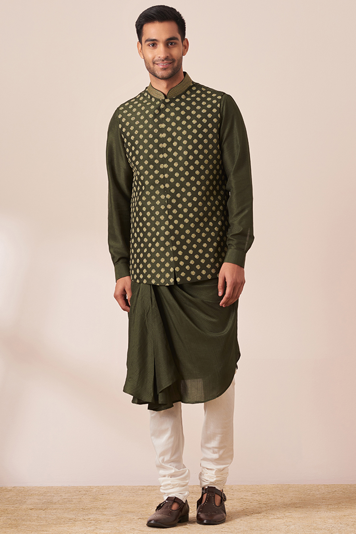 Dark Green Art Silk Embroidered Nehru Jacket Set by Twamev