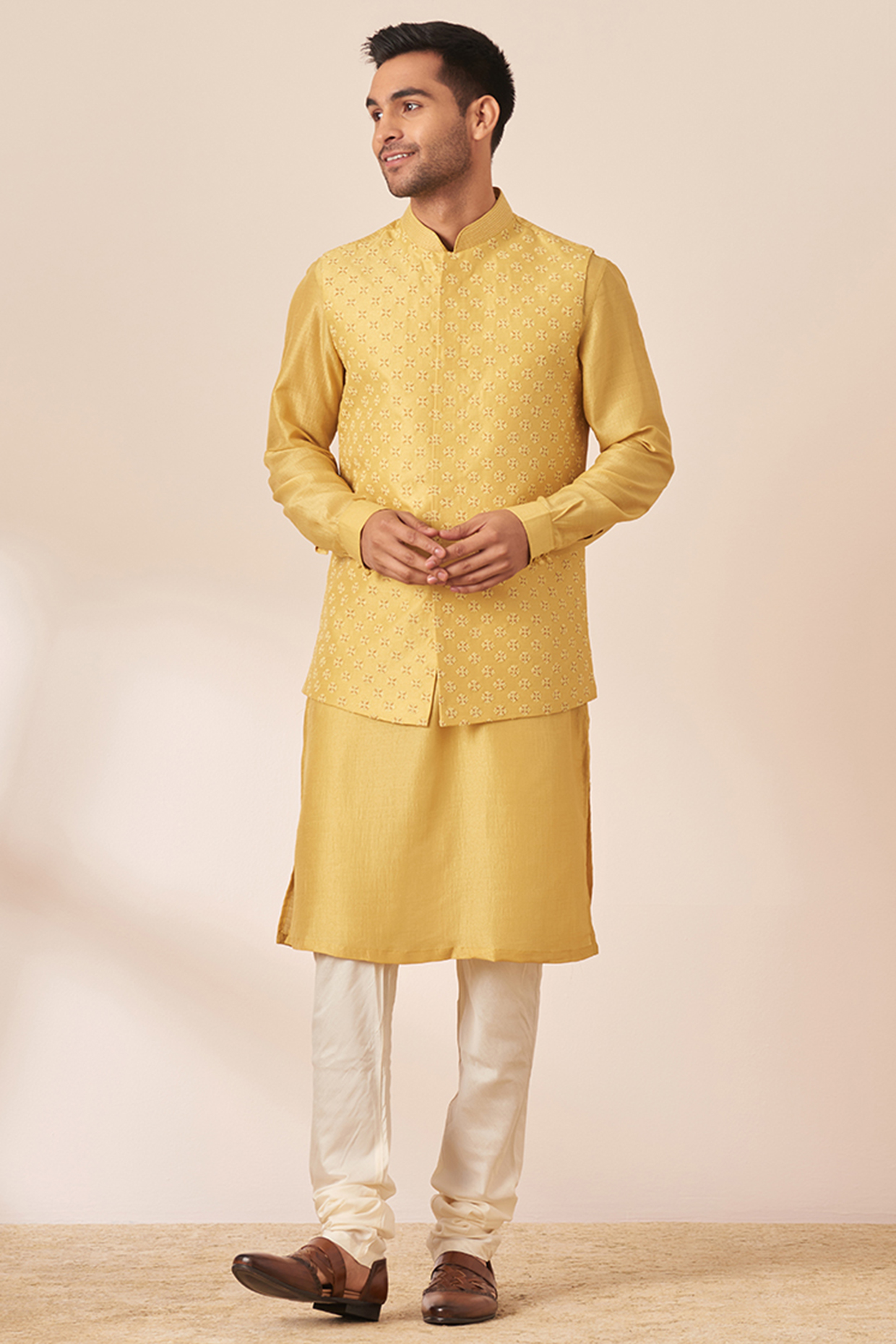 Honey Yellow Art Silk Embroidered Nehru Jacket Set by Twamev
