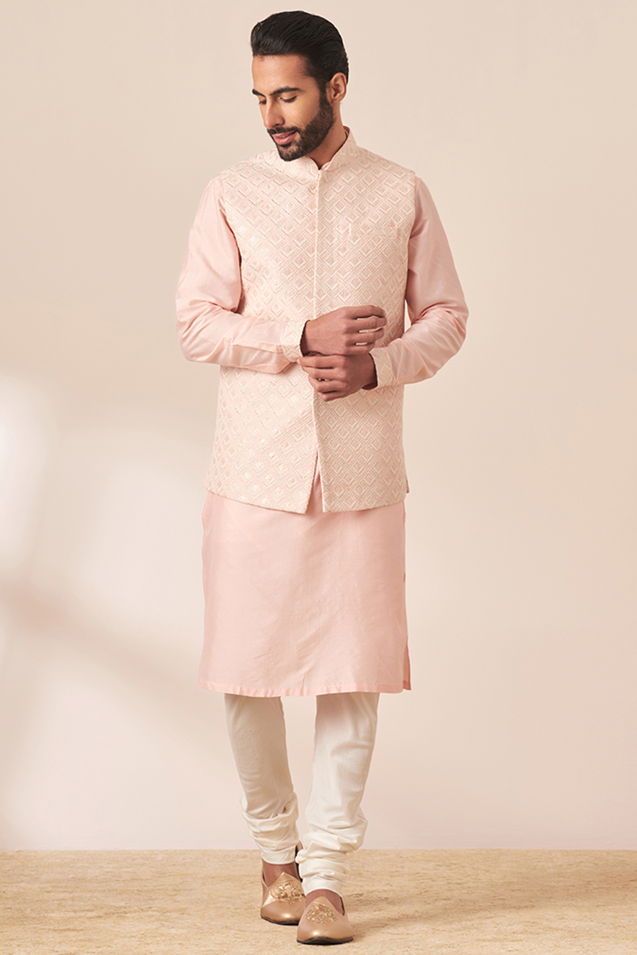 Light Pink Art Silk Embroidered Nehru Jacket Set
 by Twamev