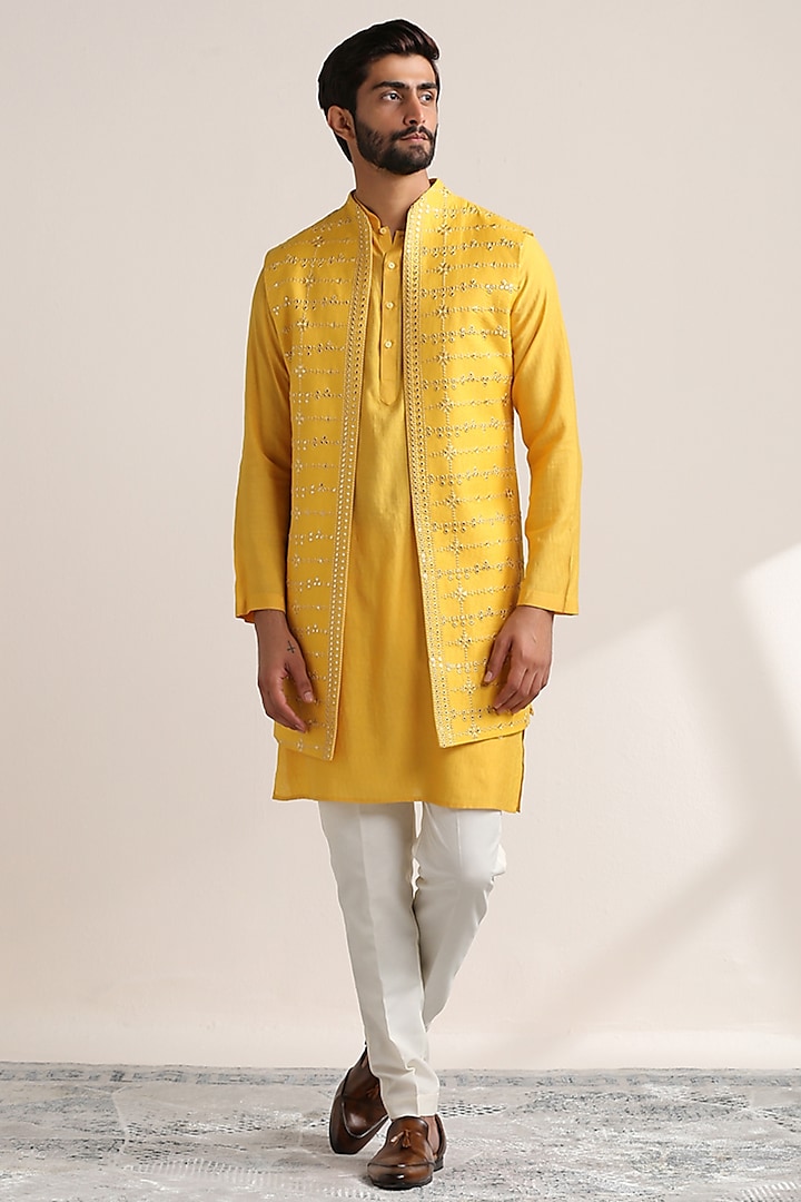 Yellow Viscose Embroidered Indowestern Set by Twamev