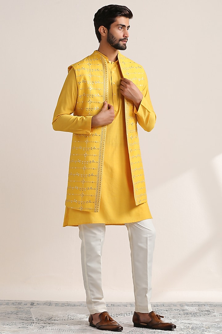 Yellow Viscose Embroidered Indowestern Set by Twamev at Pernia's Pop Up Shop
