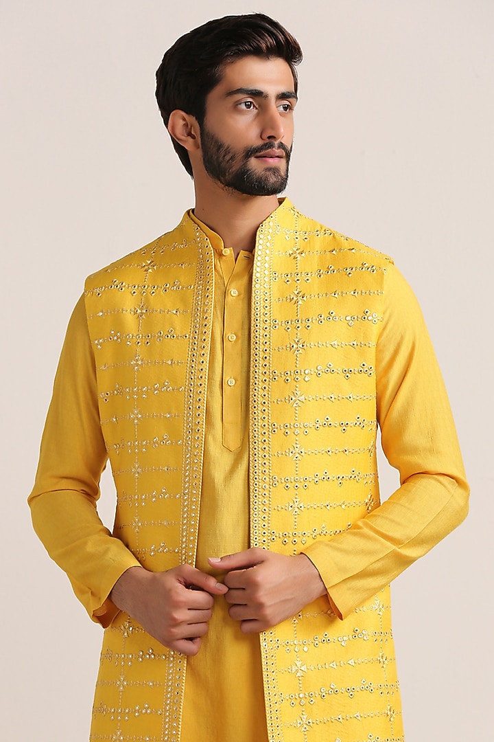 Yellow Viscose Embroidered Indowestern Set by Twamev at Pernia's Pop Up Shop