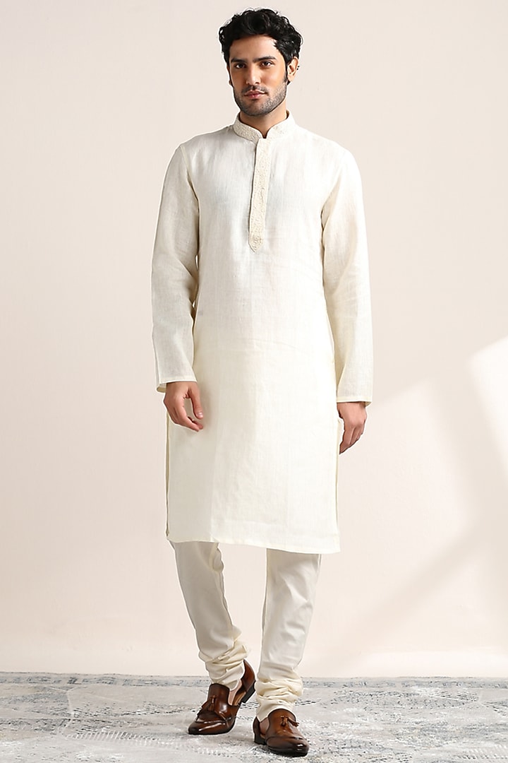 White Linen Embroidered Kurta Set Design by Twamev at Pernia's Pop Up Shop 2023