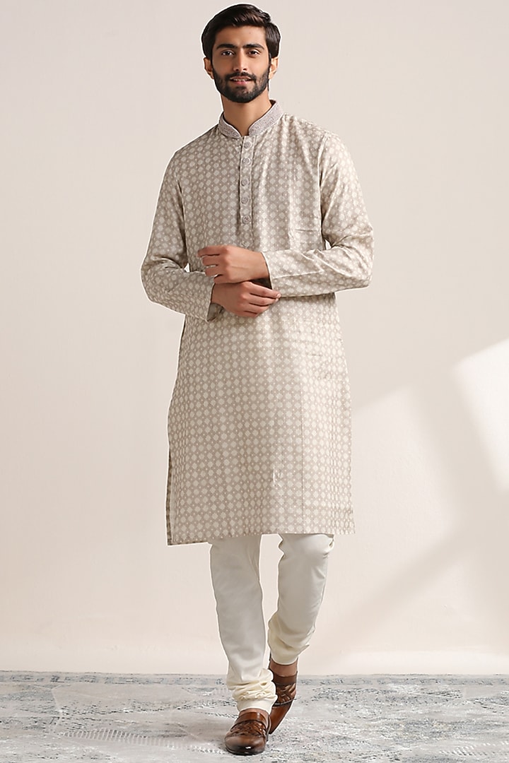 Sand Beige Linen Printed Kurta Set by Twamev at Pernia's Pop Up Shop