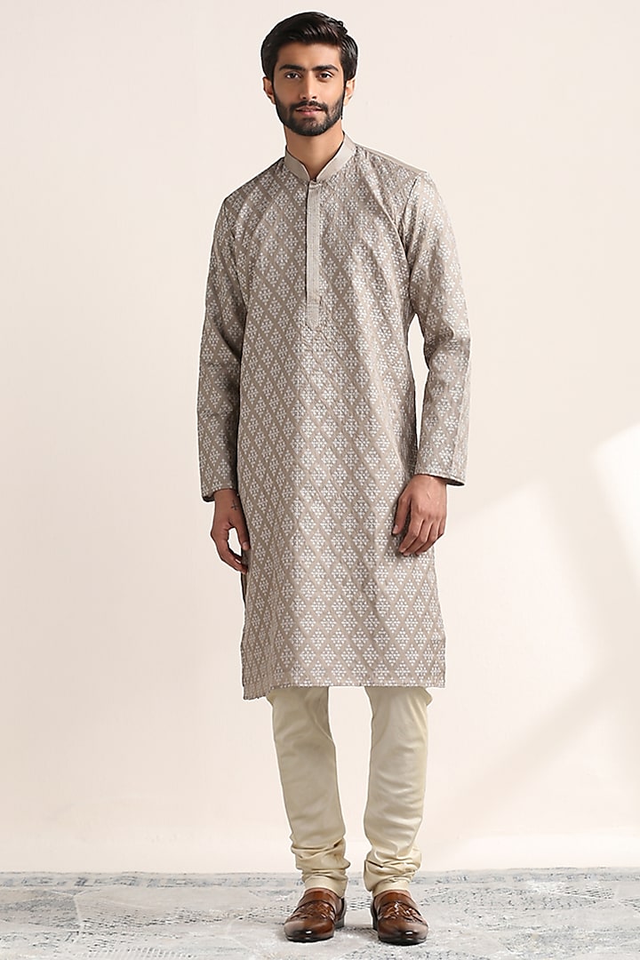 Grey Art Silk Embroidered Kurta Set by Twamev at Pernia's Pop Up Shop