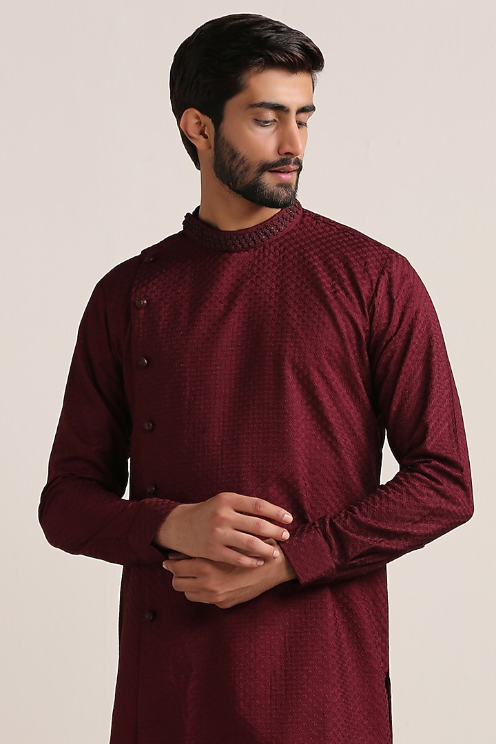Wine-Red Art Silk Kurta Set by Twamev at Pernia's Pop Up Shop