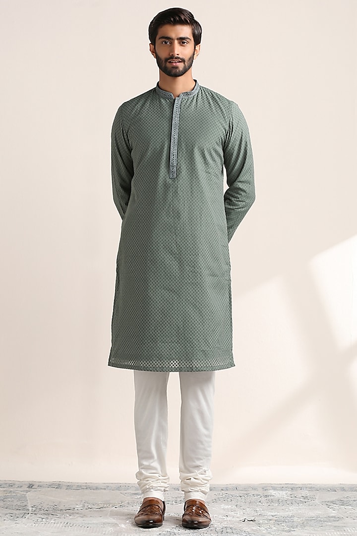 Green Blended Cotton Embroidered Kurta Set by Twamev