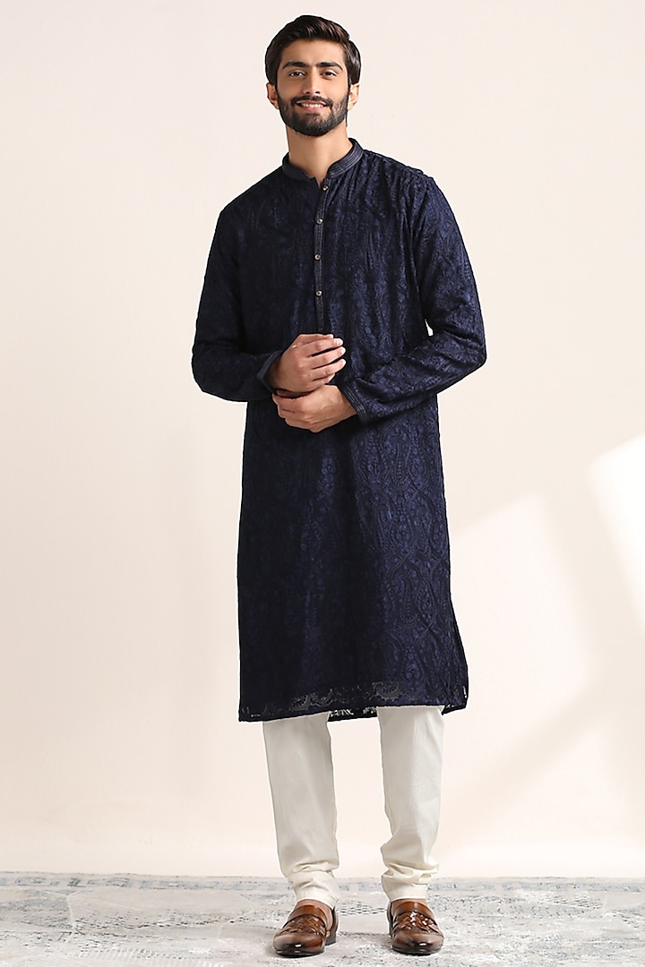 Blue Georgette Embroidered Kurta Set by Twamev at Pernia's Pop Up Shop