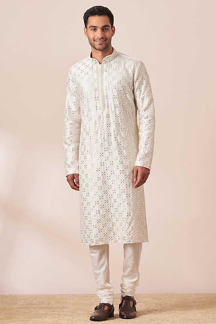 Beige Art Silk Mirror Work Kurta Set by Twamev at Pernia's Pop Up Shop