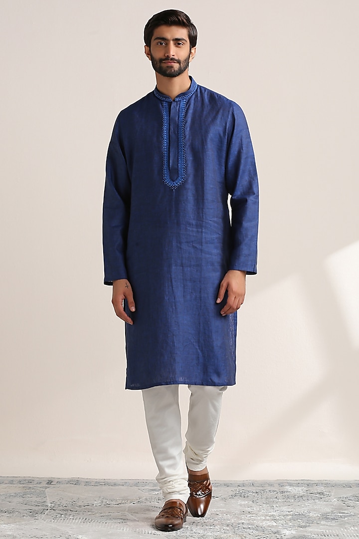 Blue Blended Cotton Embroidered Kurta Set by Twamev