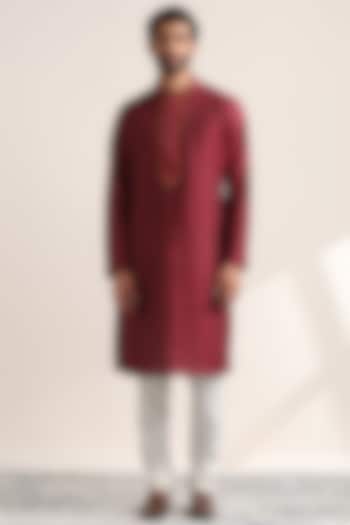 Maroon Blended Cotton Embroidered Kurta Set by Twamev