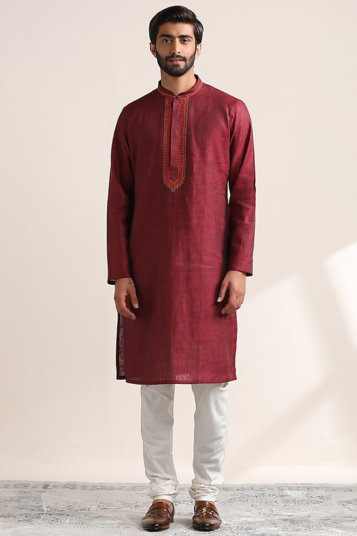 Maroon Blended Cotton Embroidered Kurta Set by Twamev