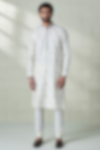 Off-White & Silver Grey Blended Viscose Embroidered Kurta Set by Twamev