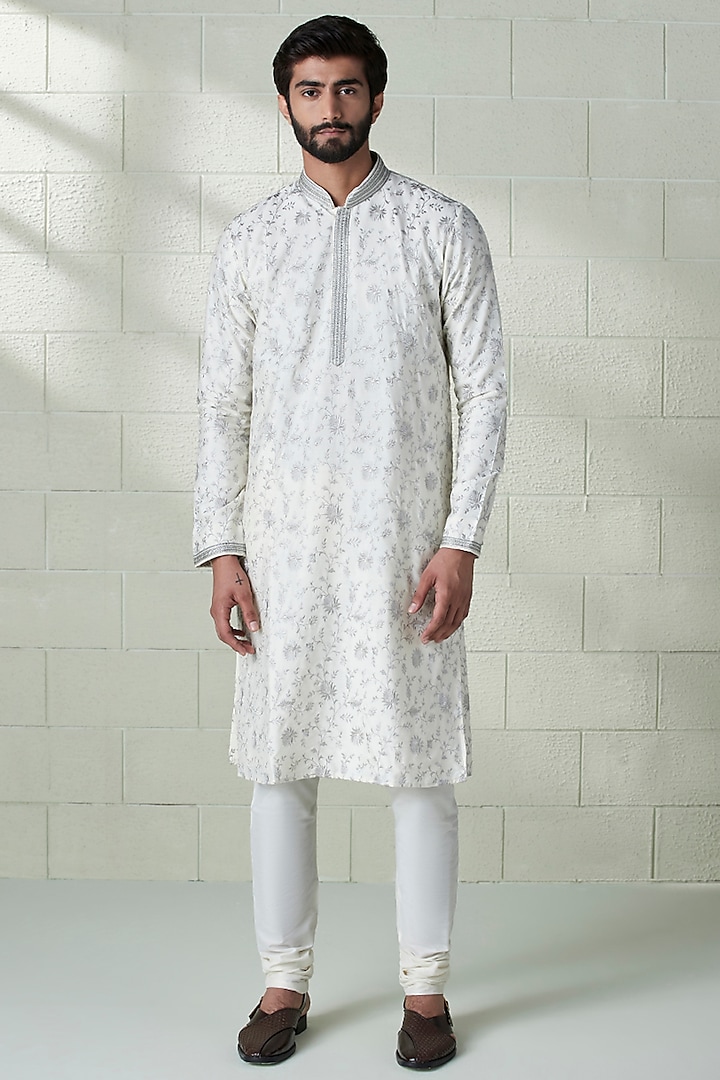 Off-White & Silver Grey Blended Viscose Embroidered Kurta Set by Twamev