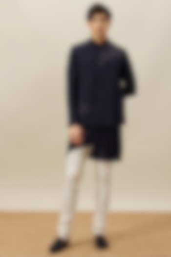 Navy Blue Blended Rayon Embroidered Nehru Jacket Set by Twamev