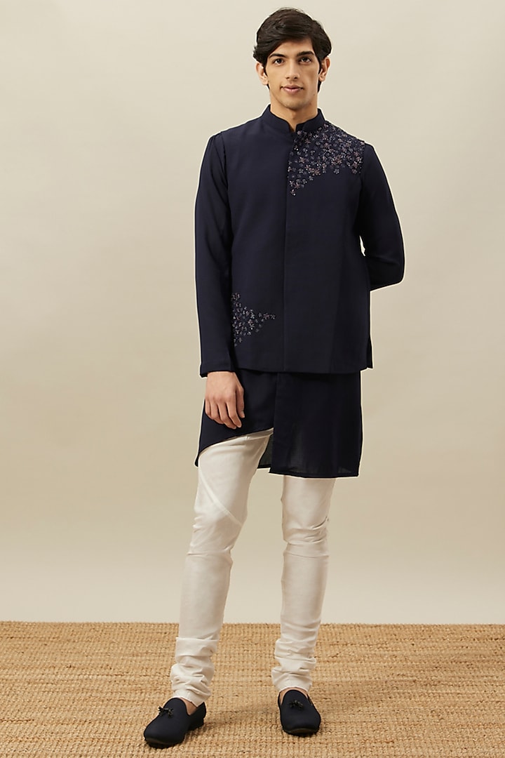 Navy Blue Blended Rayon Embroidered Nehru Jacket Set by Twamev
