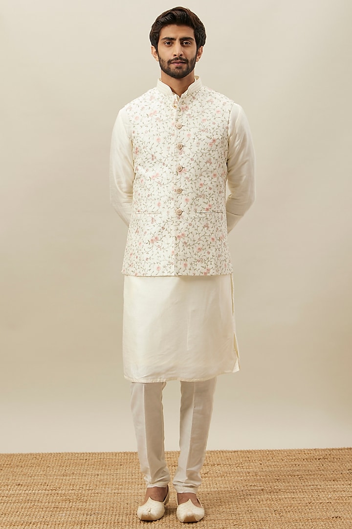 Cream Art Silk Embroidered Nehru Jacket Set by Twamev