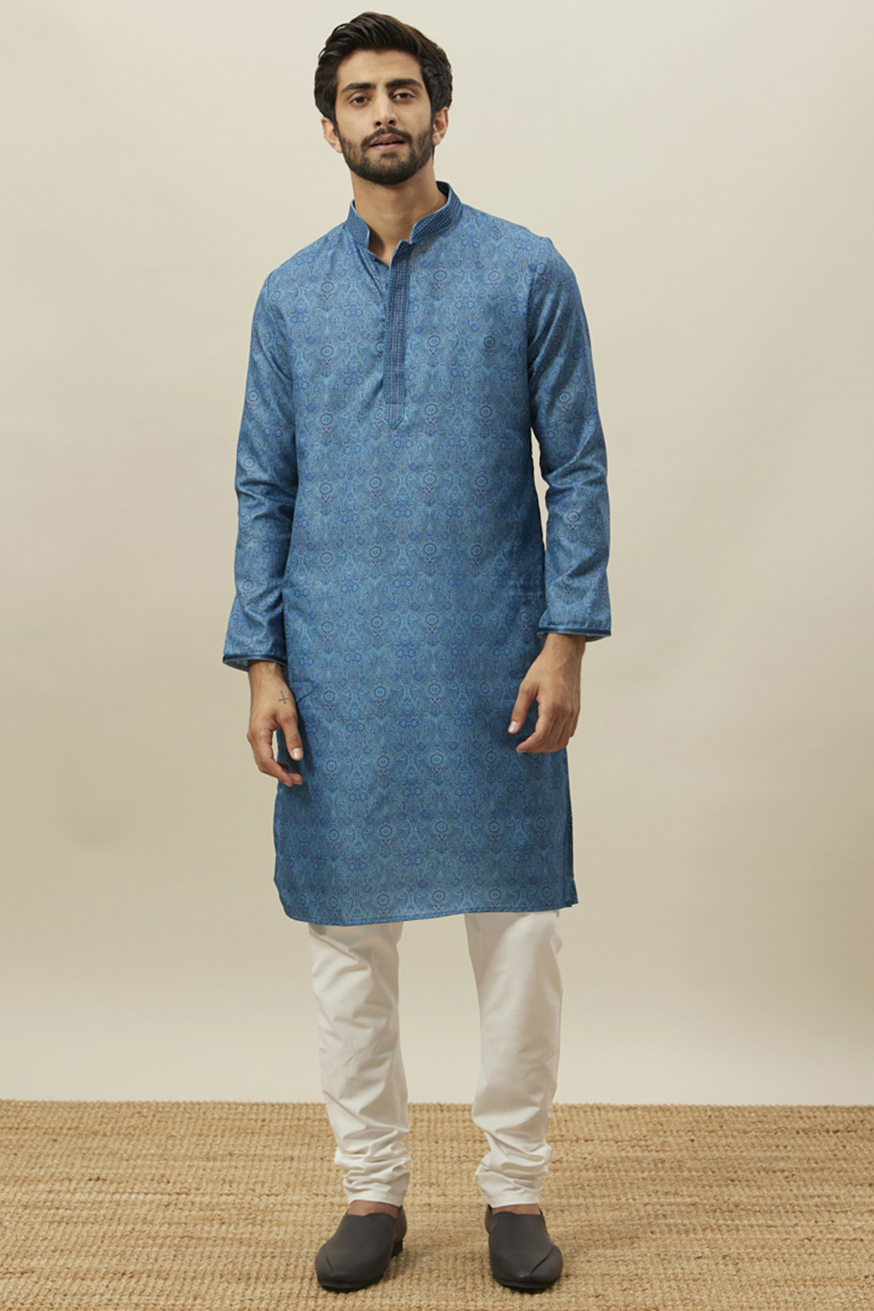 Blue Art Silk Embroidered Kurta Set by Twamev