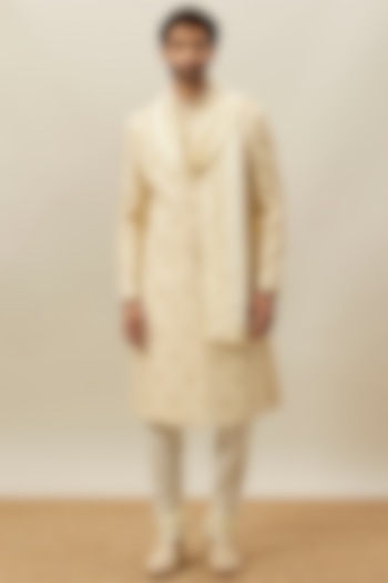 Beige Art Silk Embroidered Wedding Sherwani Set by Twamev at Pernia's Pop Up Shop