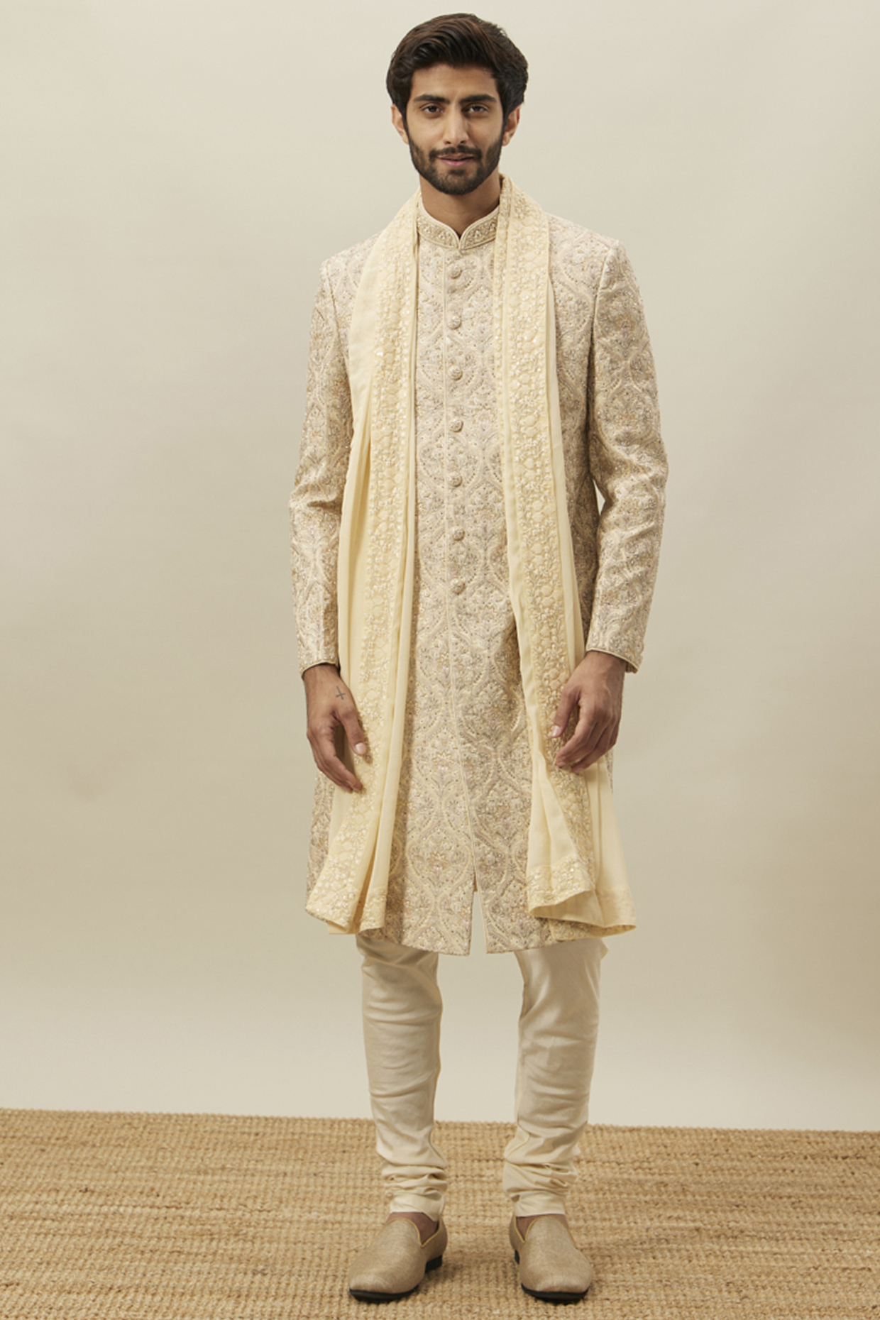 Beige Art Silk Embroidered Sherwani Set by Twamev