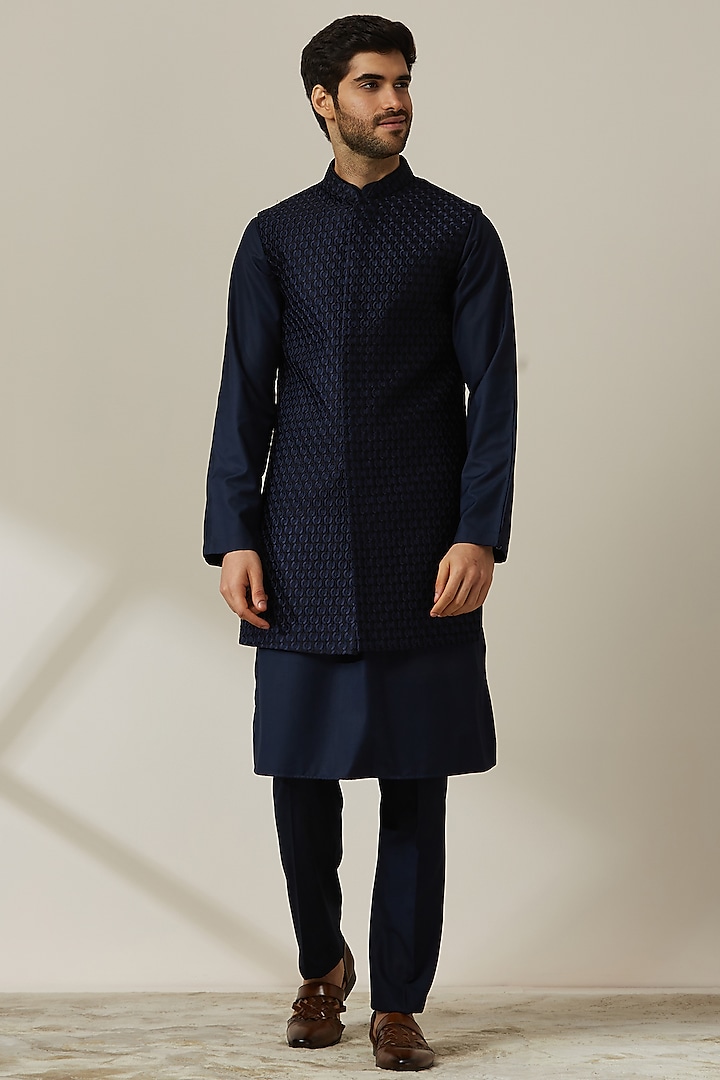 Midnight Blue Blended Rayon Embroidered Nehru Jacket Set by Twamev