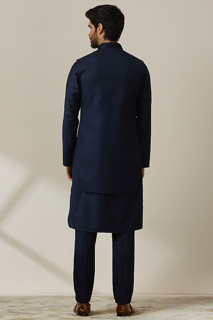 Midnight Blue Blended Rayon Embroidered Nehru Jacket Set by Twamev at Pernia's Pop Up Shop