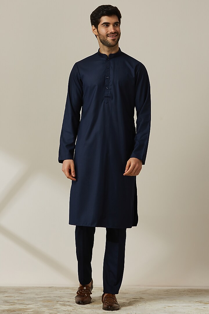 Midnight Blue Blended Rayon Embroidered Nehru Jacket Set by Twamev at Pernia's Pop Up Shop