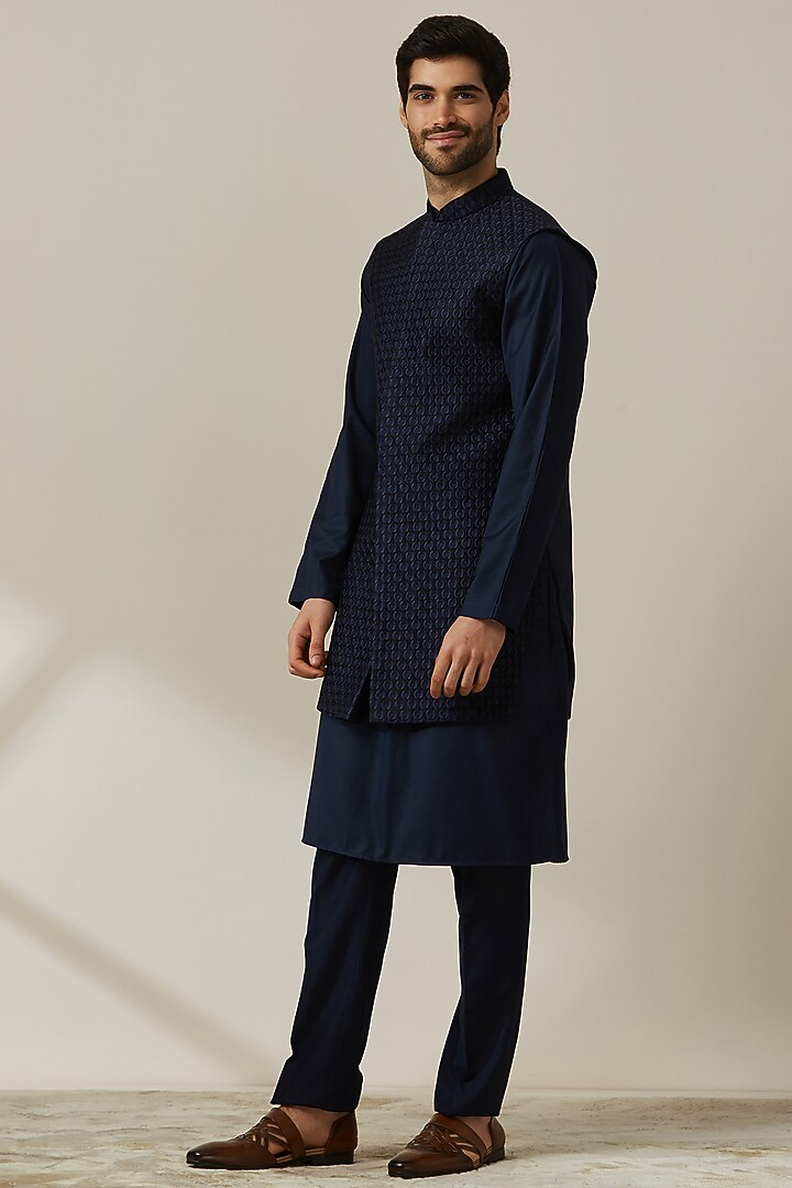 Midnight Blue Blended Rayon Embroidered Nehru Jacket Set by Twamev at Pernia's Pop Up Shop