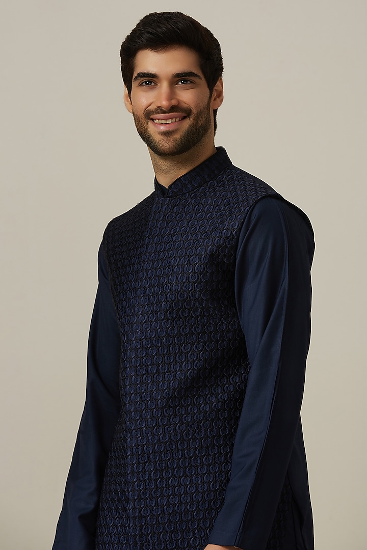 Midnight Blue Blended Rayon Embroidered Nehru Jacket Set by Twamev at Pernia's Pop Up Shop