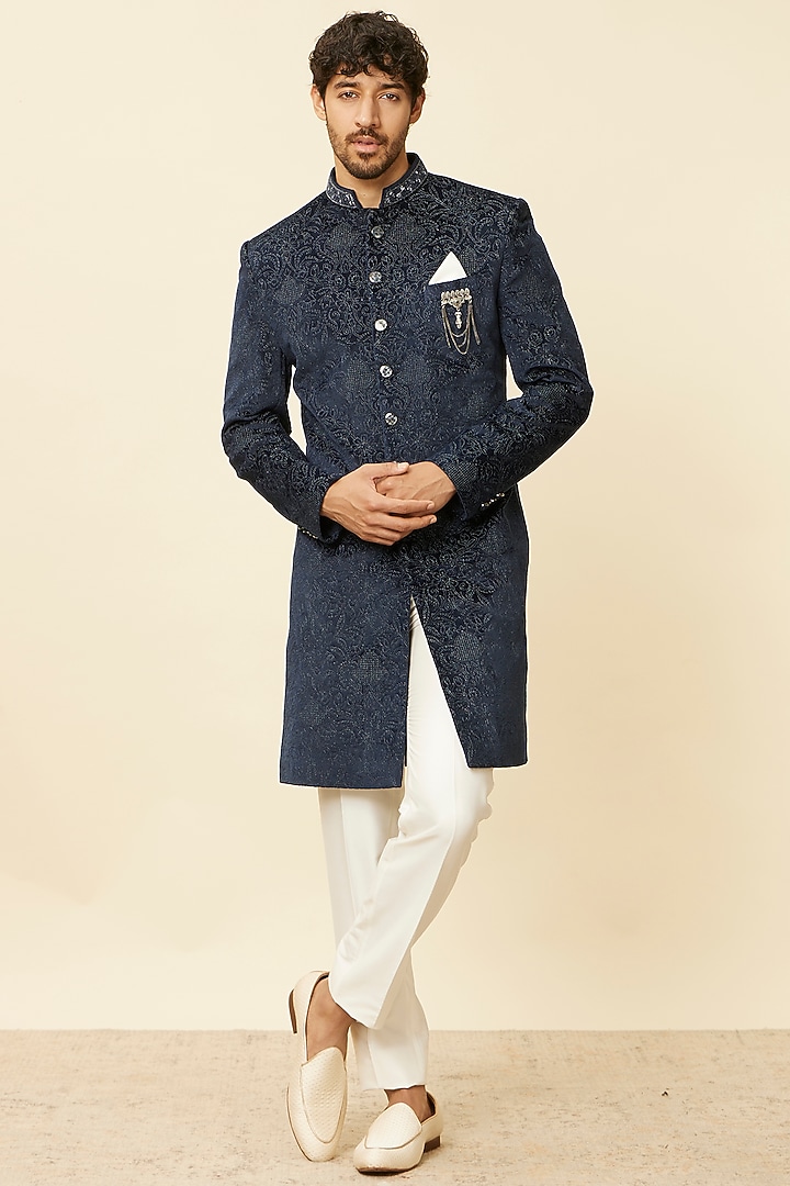 Blue Velvet Embroidered Indo Western Set by Twamev at Pernia's Pop Up Shop