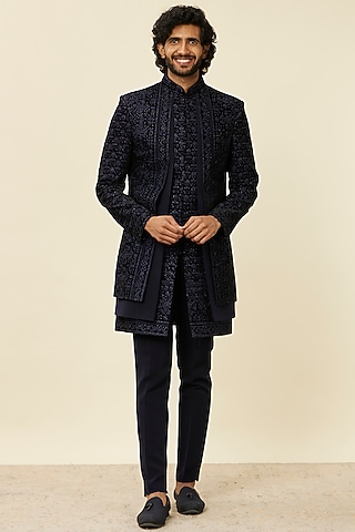 Blue Velvet Stone Embroidered Indo Western Set by Twamev