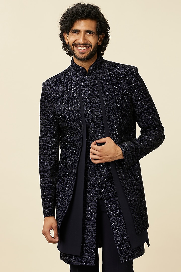 Blue Velvet Stone Embroidered Indo Western Set by Twamev at Pernia's Pop Up Shop