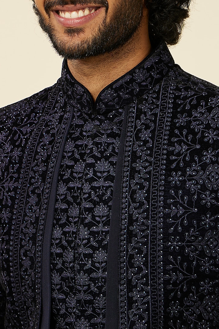 Blue Velvet Stone Embroidered Indo Western Set by Twamev at Pernia's Pop Up Shop