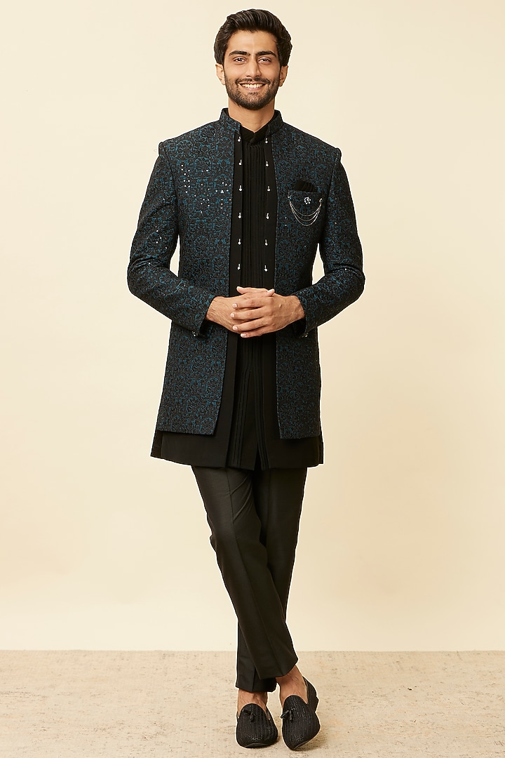 Blue Art Silk Stone Embroidered Indo Western Set by Twamev at Pernia's Pop Up Shop