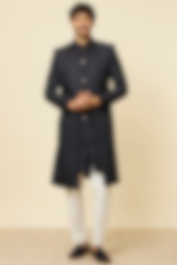 Blue Brocade Stone Embroidered Wedding Indowestern Set by Twamev at Pernia's Pop Up Shop