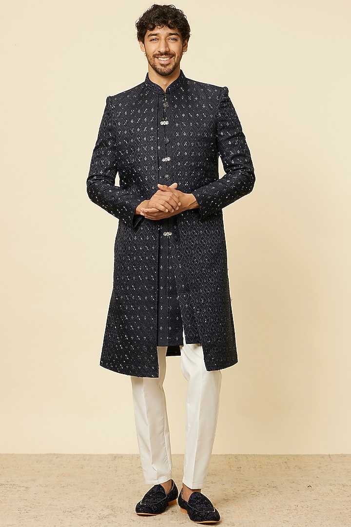 Blue Brocade Stone Embroidered Wedding Indowestern Set by Twamev at Pernia's Pop Up Shop