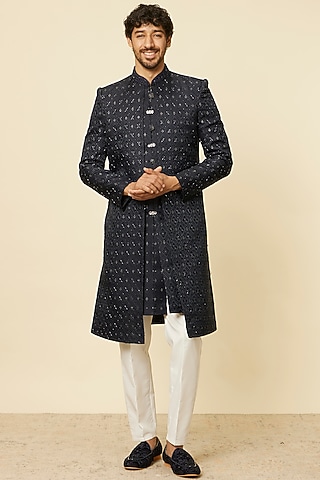 Blue Brocade Stone Embroidered Indowestern Set by Twamev