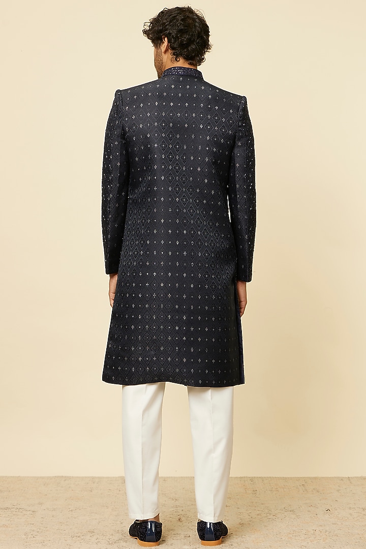 Blue Brocade Stone Embroidered Wedding Indowestern Set by Twamev at Pernia's Pop Up Shop
