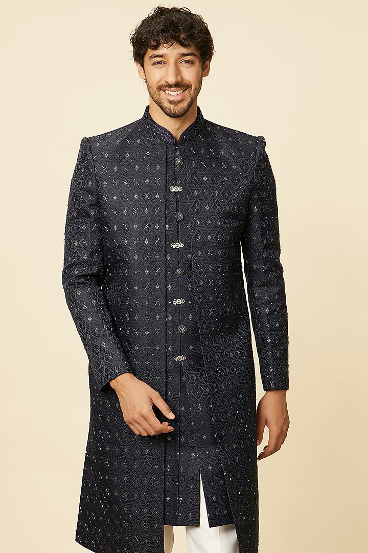 Blue Brocade Stone Embroidered Wedding Indowestern Set by Twamev at Pernia's Pop Up Shop