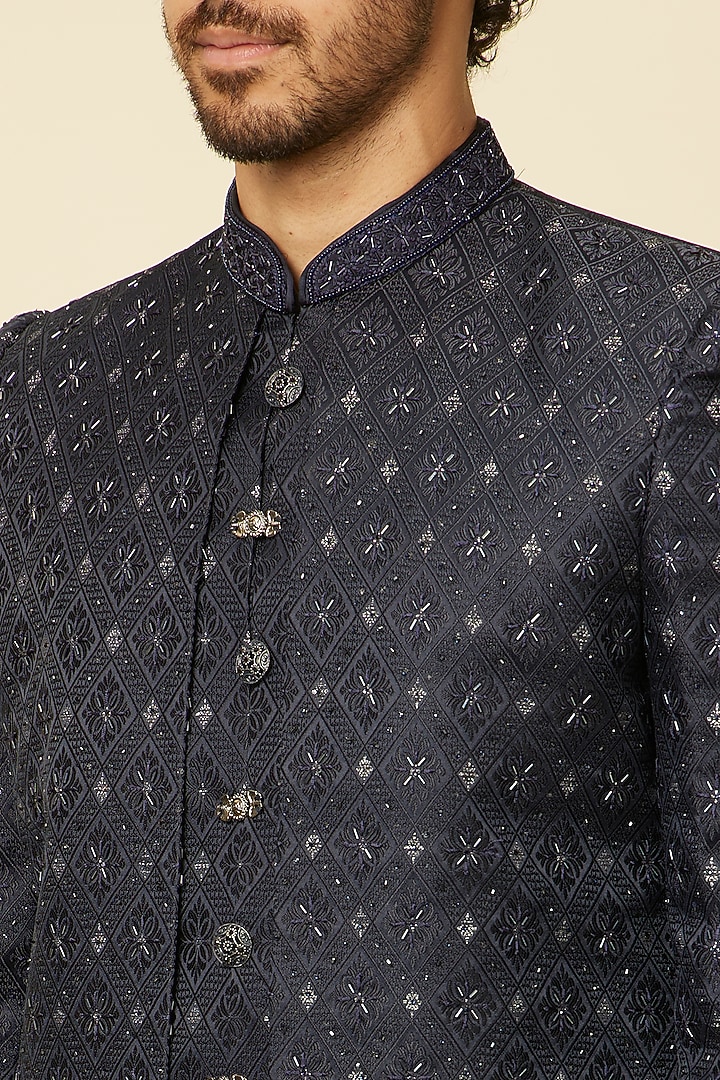 Blue Brocade Stone Embroidered Wedding Indowestern Set by Twamev at Pernia's Pop Up Shop